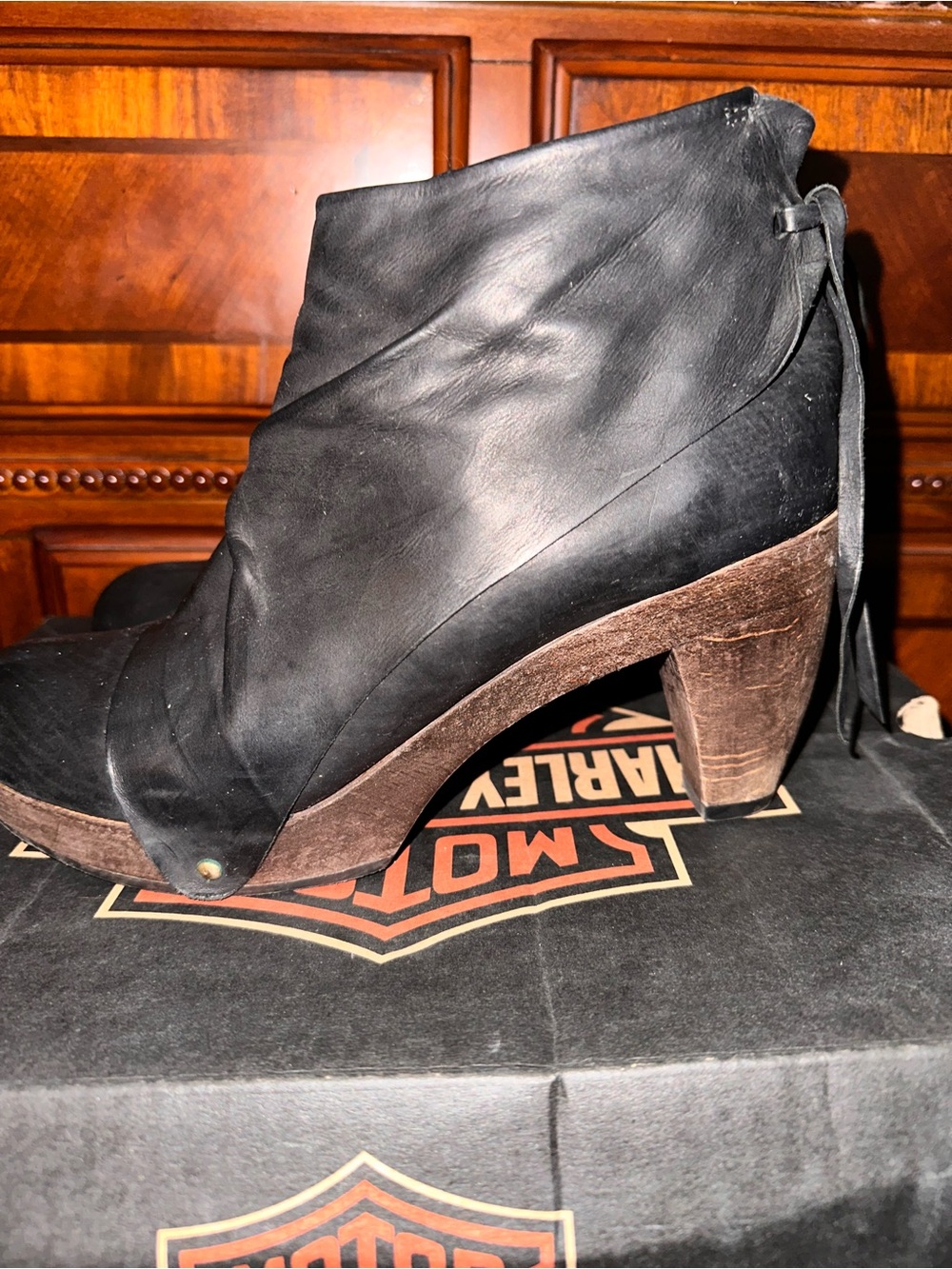 Black Leather Ankle Boot with Brown Wood Heels.